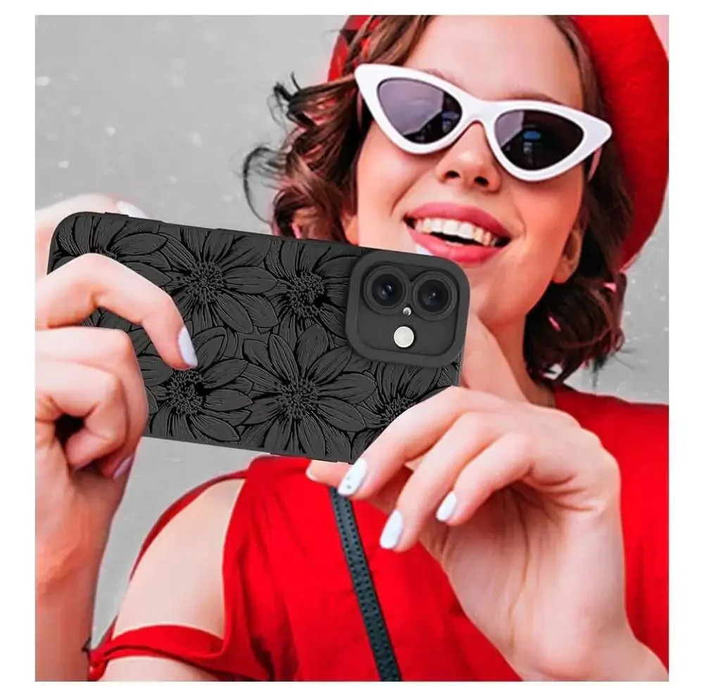 MZELQ Matte Black Silicone Case with Pressed Sunflower Floral Pattern for iPhone